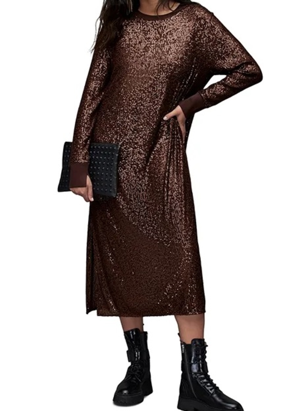 AllSaints Juela Crew Dark Brown Sequin Midi Dress Large NWT